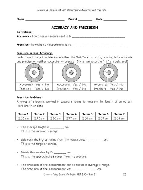 accuracy and precision/percent error worksheet answers